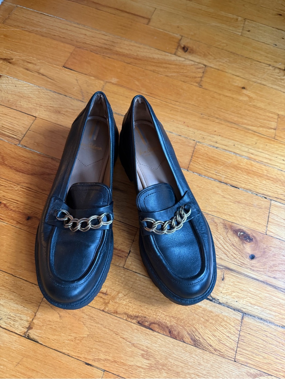 Sam Edelman Black Leather Loafers with Gold Chain Accent